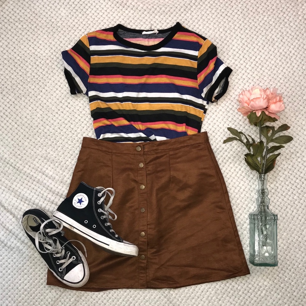 Vintage Style Brown Buttoned Suede Skirt